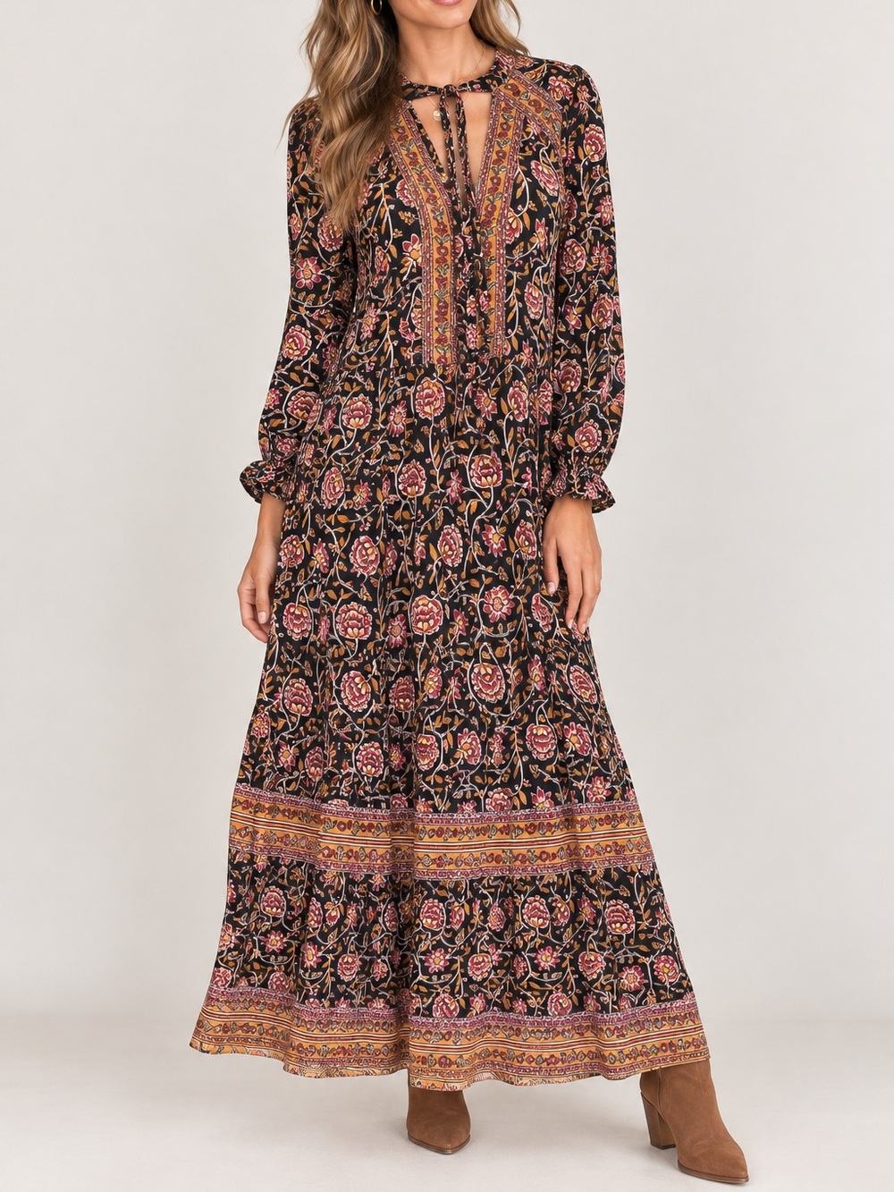 Knox Rose Boho Floral Tiered Maxi Dress Long Sleeve Black Border Print XL